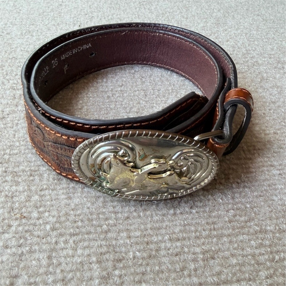 Nocona Boys‎ Western Tooled Belt Brown Bull Rider Oval Buckle Waist 26